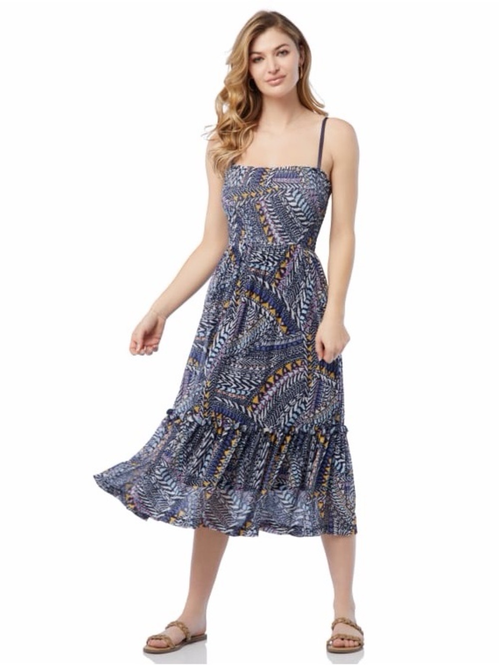Tribal Blue Printed Smocked Midi Dress